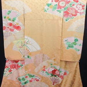 Furisode Vintage(1950-1980) Peach Chrysanthemum Crane Birds Silk #8155B1