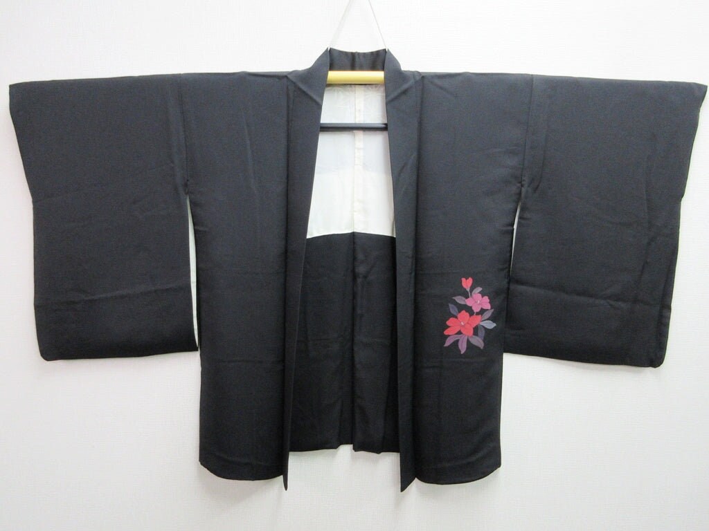 Haori Jacket Vintage1950-1980 Black Bellflower Tsuzumi Silk Haori Jacket Vintage1950-1980 Black Bellflower Tsuzumi Silk