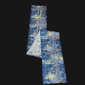 BB10104AG Silk Obi Fabric Vintage(1950-1980) Forest Blue 92.5x10.6in(235x27cm)