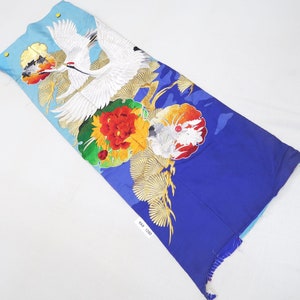 KK1280B5 Silk Kimono Fabric Vintage(1950-1980) Embroidery Crane Birds Blue 46.5x15.4in(118x39cm)