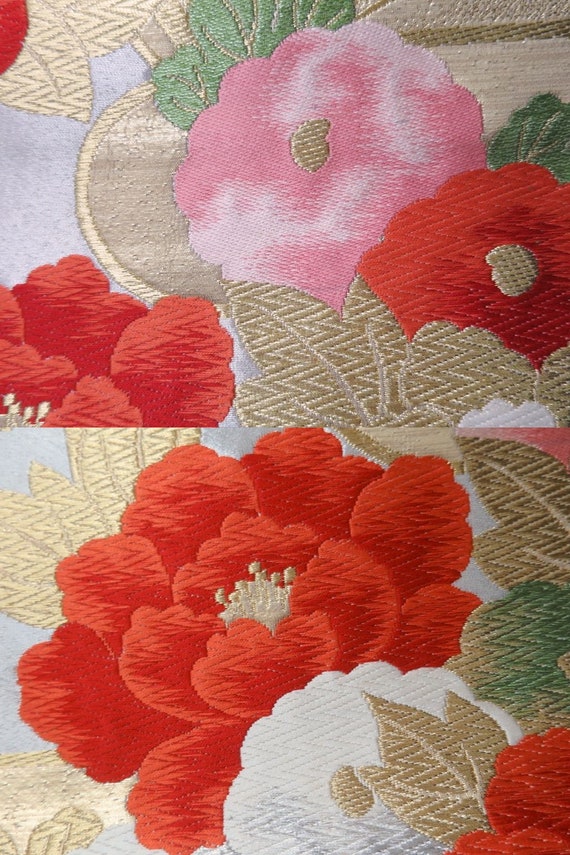 Fukuro Obi Vintage(1950-1980) Gold Silver Red Peony Silk BB92W6 - Etsy