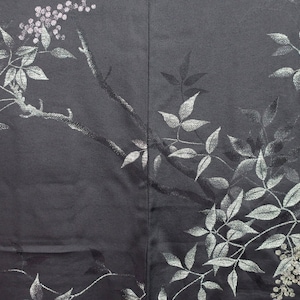 Haori Jacket Vintage(1950-1980) Black Silver Gold Branch Silk #8363C5