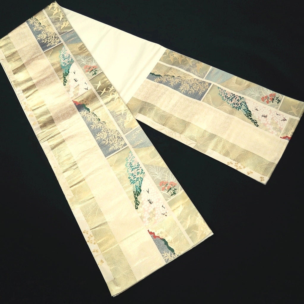 Fukuro Obi Gold White Crane Birds Butterfly Sakura Silk