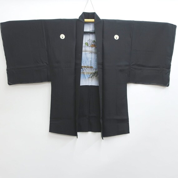 Men's Haori Vintage(1950-1980) Black Landscape Montsuki Habutae