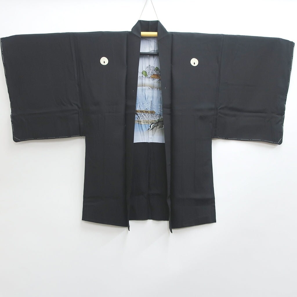 Men's Haori Vintage(1950-1980) Black Landscape Montsuki Habutae