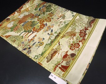 Maru Obi Vintage (1920-1950) Oro Verde Fenice Crisantemo Fiore di Pruno Seta BB40W3