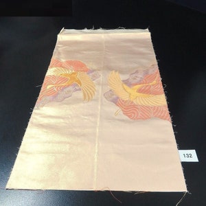 Mof#132 silk obi fabric vintage(1950-1980) crane gold 19.7x11.8in(50x30cm)