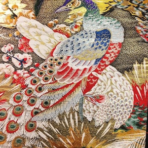 Seiden Obi Stoff 188 x 32 cm vintage 1930s gold schimmernd Pfau BM#0008