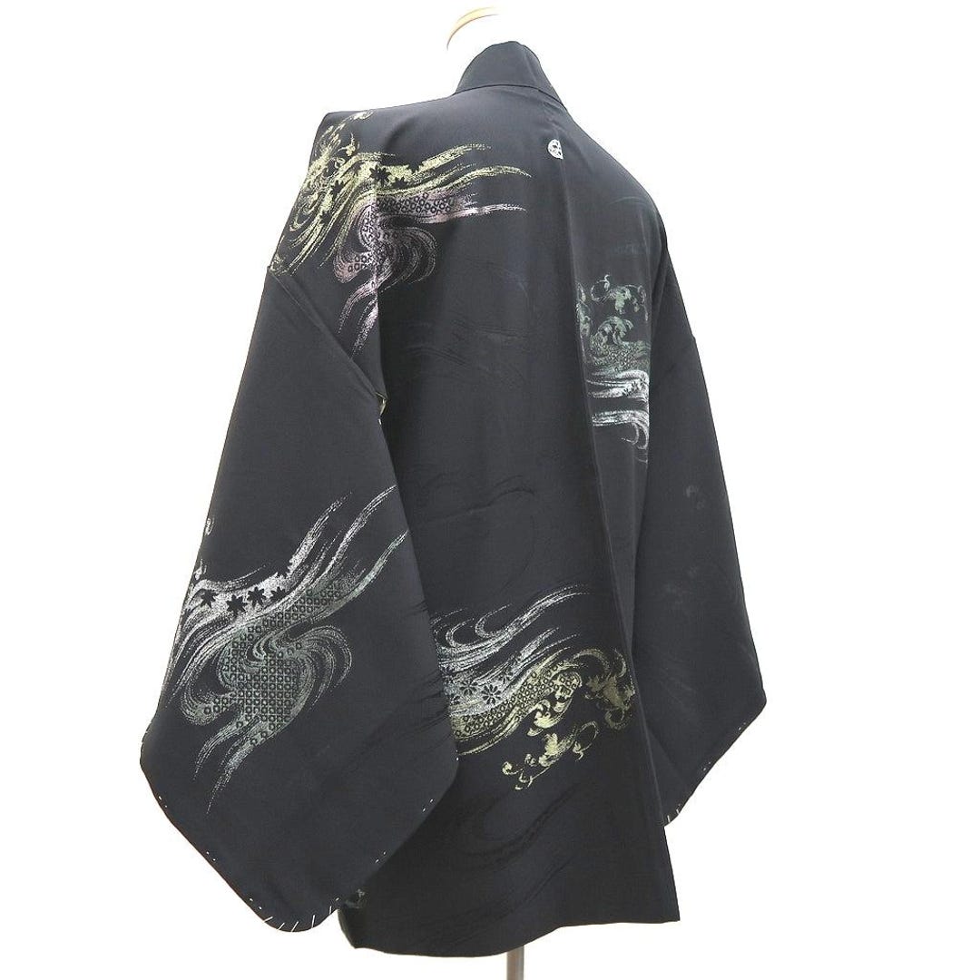 Haori Jacket Vintage(1950-1980) Black Gold Silver Curling Wave