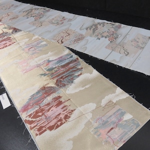 BB8220AA Silk Obi Fabric Vintage(1950-1980) Bird Plum Blossom Blue 108.3x12.2in(275x31cm)