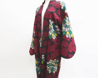 Haori Jacket Vintage(1920-1950) Black Red Meisen Chrysanthemum