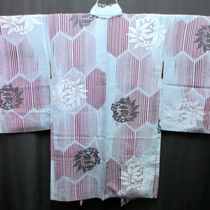 Haori Jacket Vintage(1920-1950) Light Blueish Gray Wine red Black Leaf Long Silk #7618H4