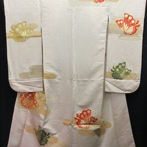Furisode Vintage(1950-1980) Pearl white Butterfly Tall Silk #7841L2