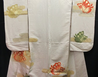Furisode Vintage(1950-1980) Pearl white Butterfly Tall Silk #7841L2