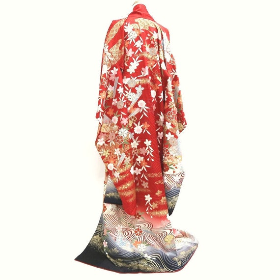 Furisode Red Gold Sakura Crane Birds Wave Silk #9676J3 - Etsy