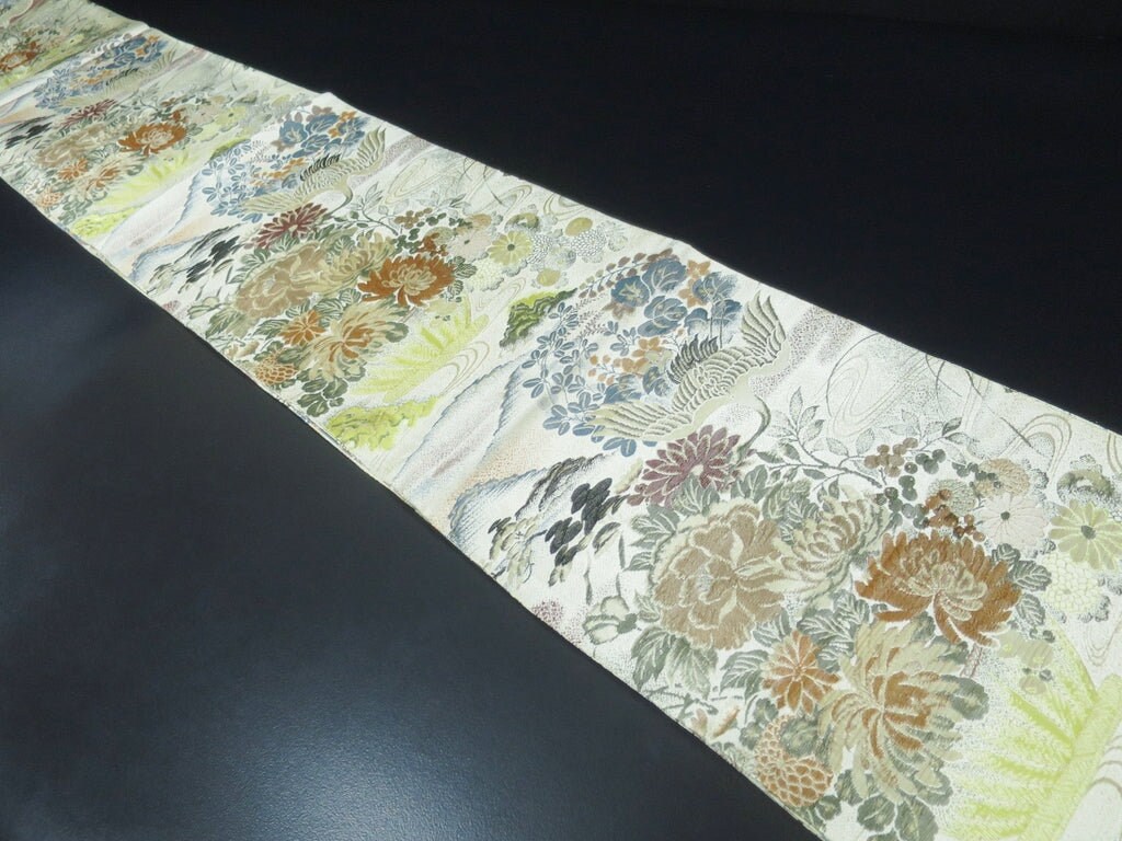 丸帯 ヴィンテージ(1920-1950) ベージュ 鶴 鳥 菊 シルク BB52W4