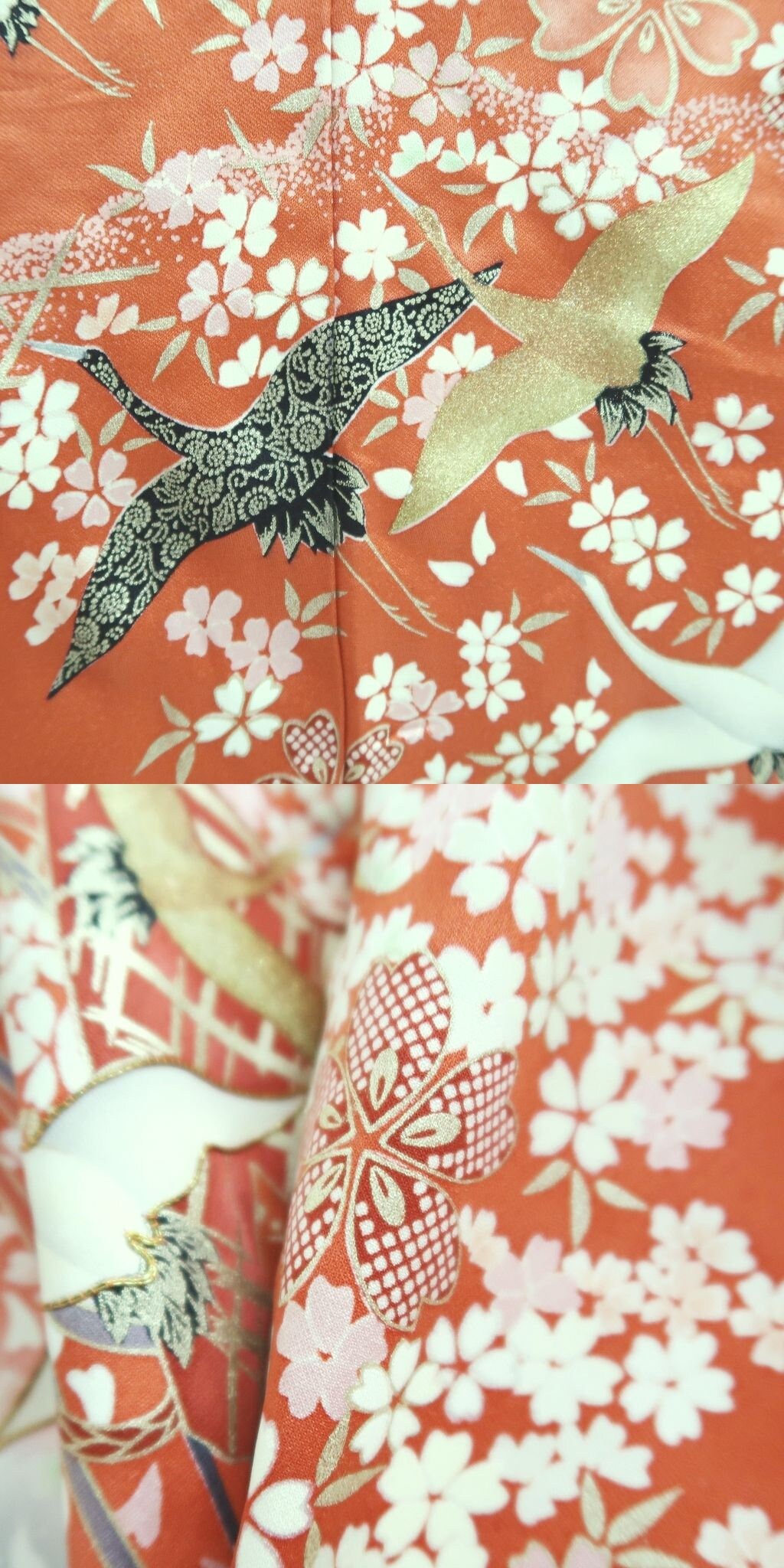 振袖 ヴィンテージ（1950-1980年）淡い赤 鶴 鳥 桜 シルク
