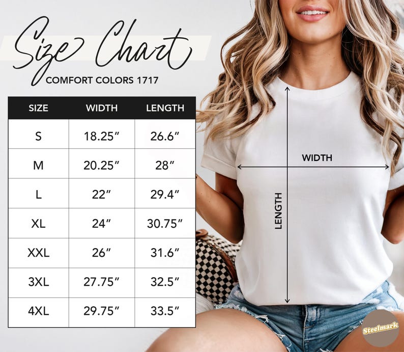 May include: A white Comfort Colors 1717 t-shirt with a size chart. The chart shows measurements for sizes S to 4XL, with widths ranging from 18.25" to 29.75" and lengths from 26.6" to 33.5".