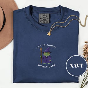 May include: Navy blue long-sleeve shirt with a whimsical frog wizard graphic and the text "Off to Commit Shenanigans". The frog wears a purple robe and hat, holding a staff. A gold star necklace is draped on the shirt.
