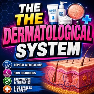 May include: A promotional graphic for a dermatological system. The image features the text "THE DERMATOLOGICAL SYSTEM" in bold, colorful lettering. It also includes illustrations of skincare products, a magnifying glass, and a cross-section of skin, along with icons and text about topical medications, skin disorders, treatments, and side effects.