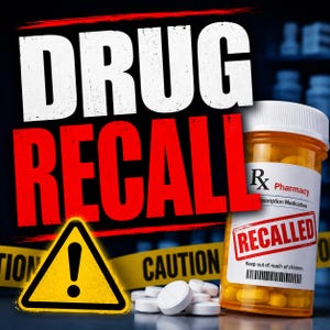 Puede incluir: Imagen con las palabras "DRUG RECALL" en letras grandes blancas y rojas. Hay una señal de advertencia amarilla con un signo de exclamación, junto con un frasco de medicamentos etiquetado como "RECALLED" y una pila de pastillas blancas. También se ven las palabras "CAUTION" y "Keep out of reach of children".