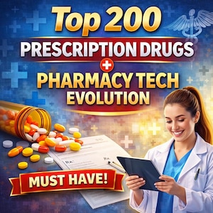 Puede incluir: Una imagen que promociona "Top 200 Prescription Drugs" y "Pharmacy Tech Evolution". Presenta a una mujer con bata de laboratorio sosteniendo una tableta, una receta y un frasco de pastillas. Las palabras "MUST HAVE!" se muestran en una pancarta roja.