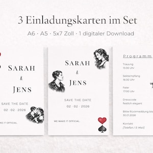Könnte beinhalten: Set mit drei Hochzeitseinladungskarten. Die Karten zeigen die Namen "Sarah & Jens" und "Save the Date" mit dem Datum 02-02-2026. Die Karten enthalten Illustrationen eines Paares, eines Herz- und Pik-Symbols und ein Programm.