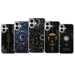 May include: Five black smartphone cases featuring celestial designs. The patterns include planetary alignments, lunar phases, zodiac constellations, and star charts in gold and white ink. Each case has a cutout for a dual-lens camera system.