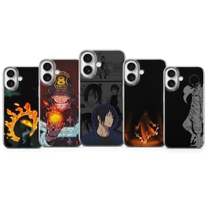 May include: A collection of five phone cases featuring anime-style illustrations. The cases display various characters and scenes, with a color palette including black, orange, and shades of gray. Each case has a different design.