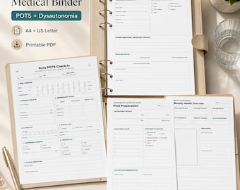 Puede incluir: Una carpeta médica beige con varias inserciones de papel blanco. La carpeta incluye secciones para controles diarios, preparación de visitas y resúmenes mensuales de salud. El texto en la carpeta dice "Chronic Illness Medical Binder" y "POTS + Dysautonomia."