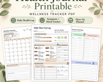 Puede incluir: Un diario de salud imprimible con un rastreador de bienestar en PDF. El diseño incluye secciones para un registro diario de salud, un rastreador de síntomas y estado de ánimo, y un planificador de brotes. Disponible en A4 y US Letter.