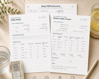 Puede incluir: Un rastreador de hidratación y sodio titulado "Hydration + Sodium Tracker". La imagen muestra un rastreador diario de líquidos, un rastreador de ingesta de sodio y un sobre de mezcla de electrolitos de sal cítrica. También se ven un bolígrafo y un vaso de agua.