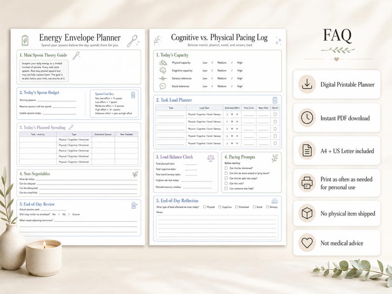 Digital printable ME/CFS and Long Covid planner PDF details.