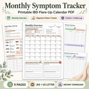 May include: A printable PDF, the "Monthly Symptom Tracker" features a calendar layout for tracking IBD flare-ups. Includes sections for daily logs, symptom scales, and doctor visit prep. The design is in shades of green and white.