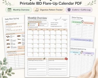 Puede incluir: Un PDF imprimible, el "Rastreador Mensual de Síntomas" presenta un diseño de calendario para el seguimiento de brotes de EII. Incluye secciones para registros diarios, escalas de síntomas y preparación para visitas al médico. El diseño es en tonos verdes y blancos.