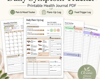 Puede incluir: Un conjunto de páginas de un diario de salud imprimible titulado "Daily Symptom Tracker". Las páginas incluyen secciones para el seguimiento del dolor, el estado de ánimo, los brotes y los desencadenantes de alimentos. El diario también presenta una descripción general mensual y una sección de preparación para la visita al médico.