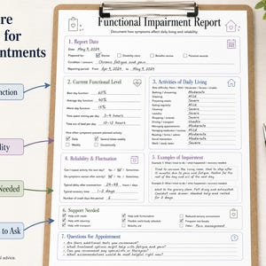 Functional impairment report worksheet for appointment notes.