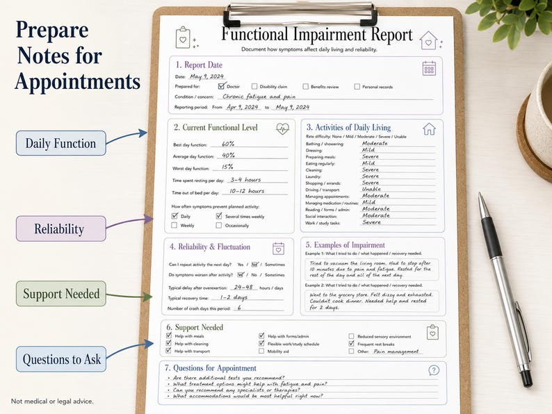 Functional impairment report worksheet for appointment notes.