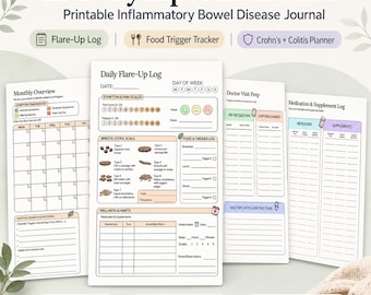 Puede incluir: Un diario imprimible de seguimiento de síntomas de EII con páginas para registros de brotes, seguimiento de desencadenantes alimentarios y un planificador de Crohn y colitis. Las páginas incluyen una descripción general mensual, registro diario de brotes y preparación para la visita al médico. El diario es de tamaño A4 y US Letter.