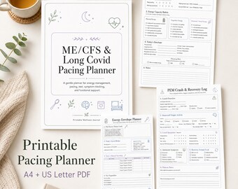 Puede incluir: Un planificador imprimible blanco titulado "ME/CFS & Long Covid Pacing Planner" con hojas de trabajo. El planificador incluye secciones para la gestión de la energía, el seguimiento de los síntomas y el descanso. También se ve una taza de té y un bolígrafo.