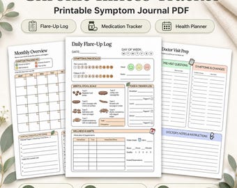 Puede incluir: Un rastreador de enfermedades crónicas en PDF imprimible con una descripción general mensual, un registro diario de brotes y un planificador de salud. Incluye secciones para el seguimiento de medicamentos, la preparación de visitas al médico y el registro de síntomas.