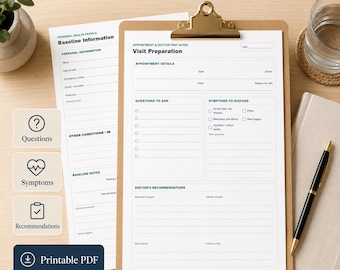 Puede incluir: Un portapapeles con un planificador de visitas médicas, con secciones para detalles de citas, preguntas, síntomas y recomendaciones. El planificador incluye el texto "POTS Doctor Visit Planner" y "Printable PDF."
