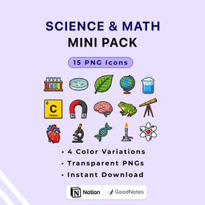May include: A collection of 15 PNG science and math icons, including a test tube rack, leaf, globe, brain, frog, and atom. The text at the top reads "SCIENCE & MATH MINI PACK". Additional text indicates 4 color variations, transparent PNGs, and instant download.