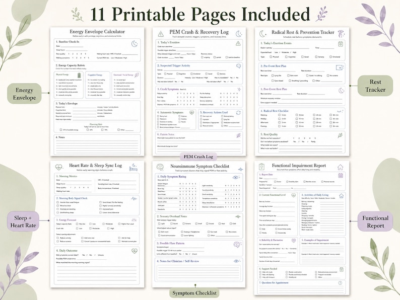 Printable ME/CFS Long Covid planner pages included preview.