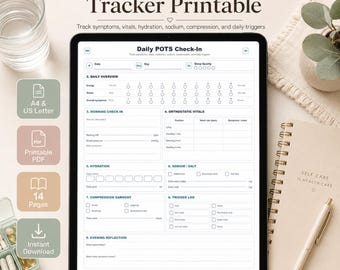 May include: A digital tablet displaying a printable POTS & Dysautonomia Tracker. The tracker includes sections for daily check-ins, overview, morning check-in, orthostatic vitals, hydration, sodium/salt, compression garment, trigger log, and evening reflection. Includes A4 & US Letter PDF.