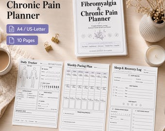 Puede incluir: Un planificador titulado "Planificador de Fibromialgia y Dolor Crónico" con texto "A4 / US-Letter" y "10 páginas". El planificador incluye un rastreador diario, un plan de ritmo semanal y un registro de sueño y recuperación.