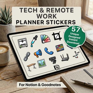 Puede incluir: Una tableta digital que muestra pegatinas de planificador para tecnología y trabajo remoto. Las pegatinas incluyen iconos para una impresora 3D, una paleta de colores y una cámara web. La imagen también incluye el texto "TECH & REMOTE WORK PLANNER STICKERS".