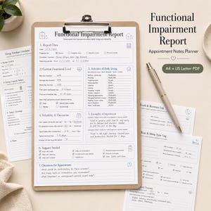 Peut inclure: Un presse-papiers avec un formulaire de « Rapport d'atteinte fonctionnelle », des notes de rendez-vous et un stylo. Le formulaire comprend des sections pour la date du rapport, le niveau fonctionnel et les activités quotidiennes.
