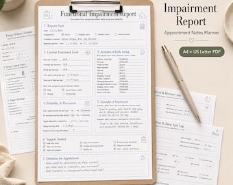 May include: A clipboard with a "Functional Impairment Report" form, appointment notes, and a pen. The form includes sections for reporting date, functional level, daily activities, and support needed. The text "A4 + US Letter PDF" is also visible.