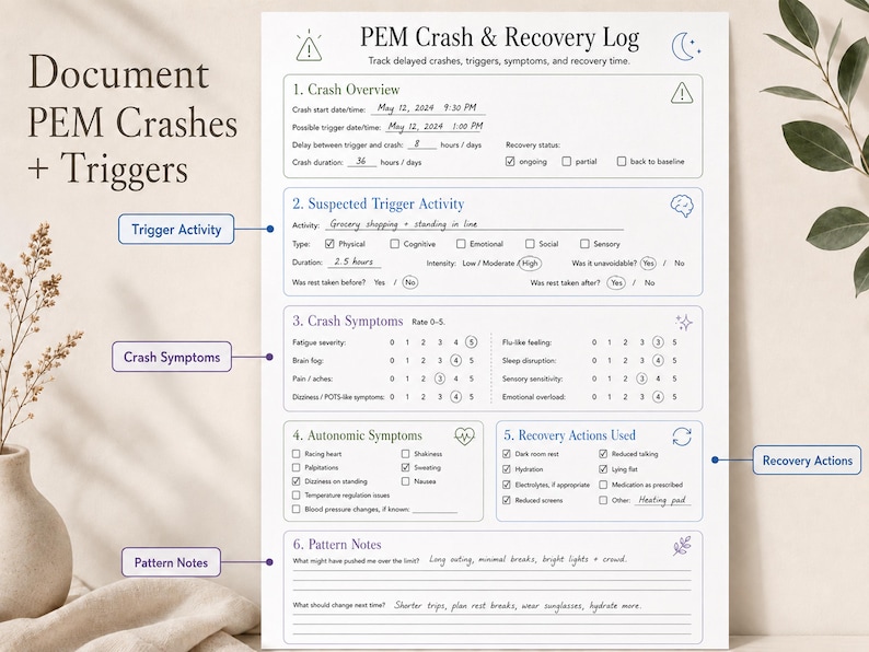 PEM crash and recovery log printable worksheet preview.